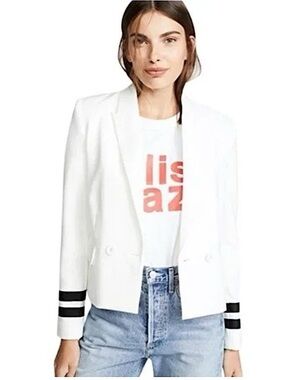 L'AGENCE Marine White Nautical Cropped Blazer with Striped Sleeves